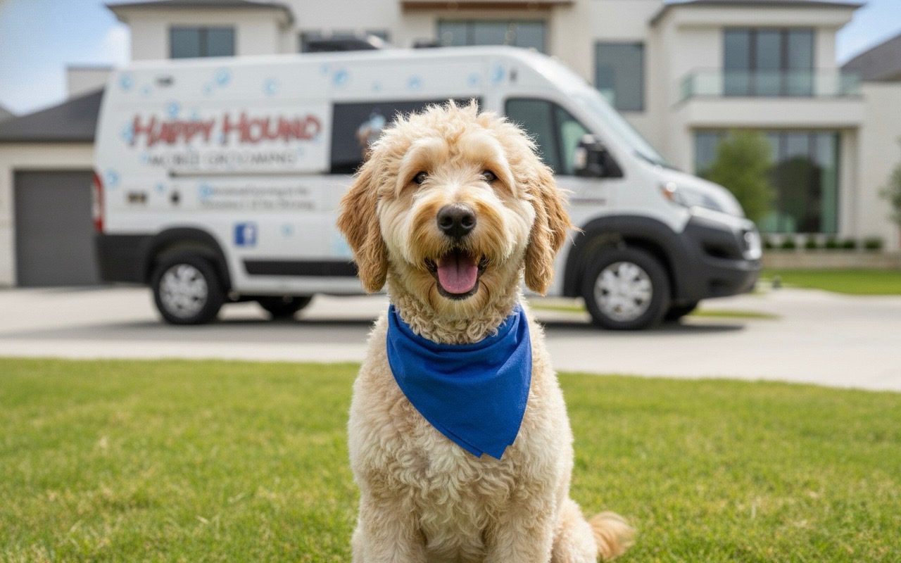 Happy Hound Mobile Grooming van with a happy dog in front of a home