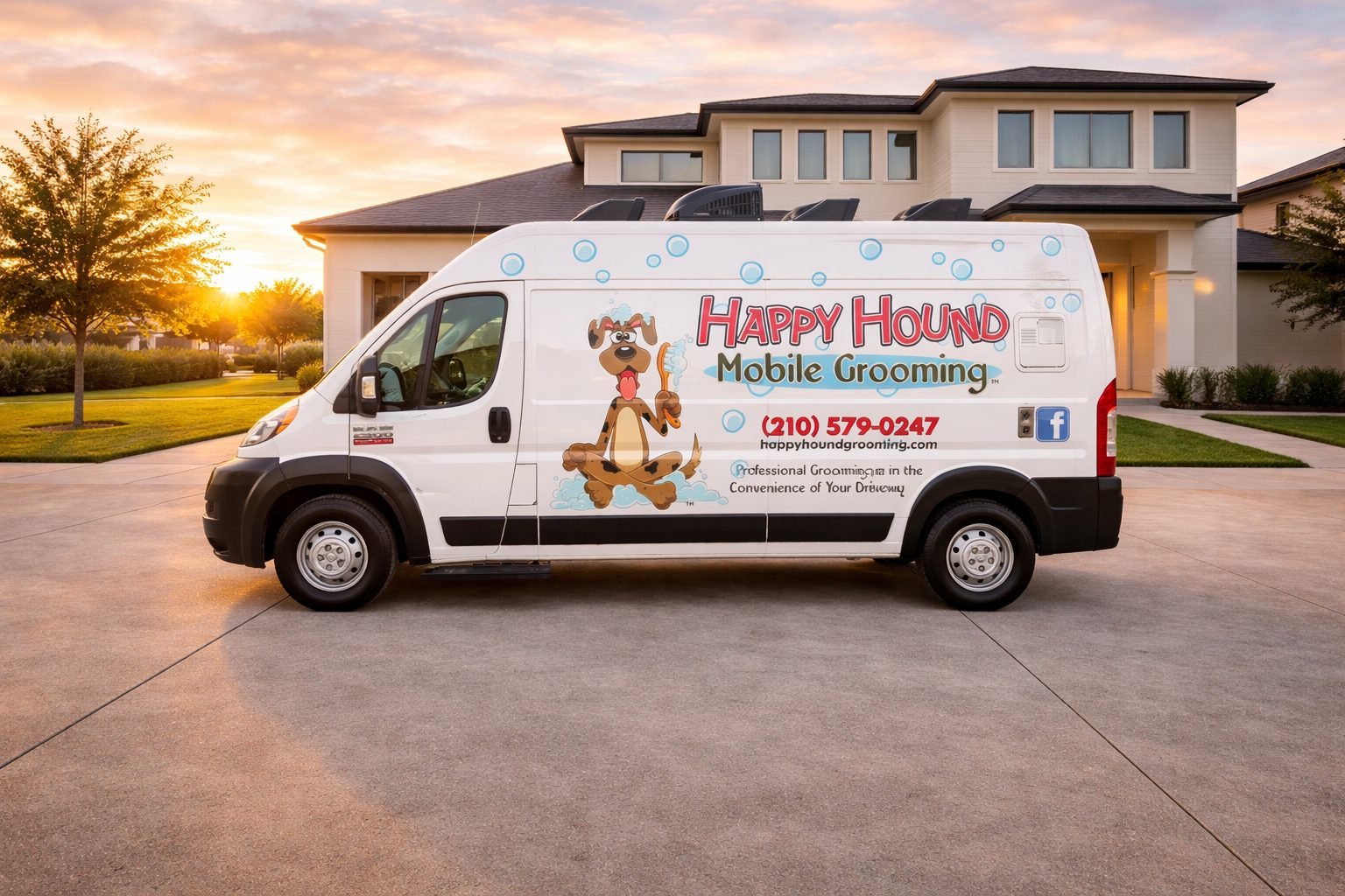 Happy Hound Mobile Grooming van parked in a driveway at sunset